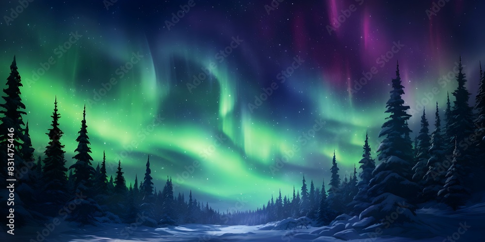 Solar storm causes stunning green and purple aurora borealis over snowy landscape. Concept Northern Lights, Solar Storm, Aurora Borealis, Snowy Landscape