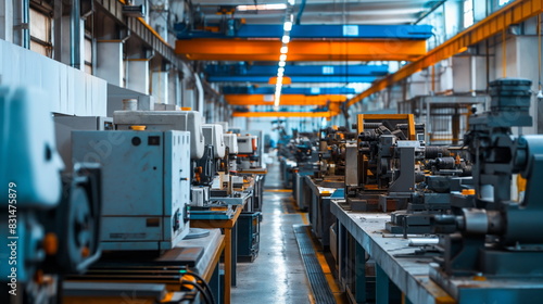 Industrial interior with rows of machines and equipment in a manufacturing workshop