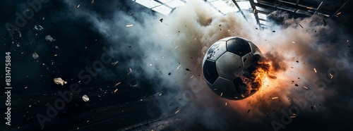 Explosive soccer ball ignites warehouse during epic match, an unstoppable ball strike banner, ball in fire 