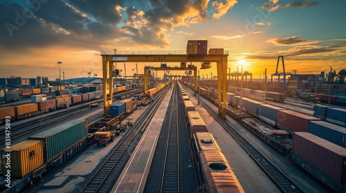 Industrial cranes lifting cargo containers onto freight trains at a railway yard photo