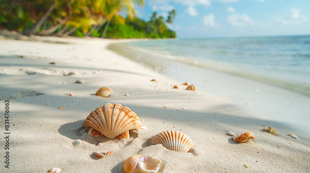 A beach with shells scattered on the sand A beach with shells scattered on the sand