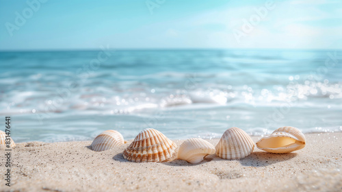 A beach scene with shells scattered on the sand