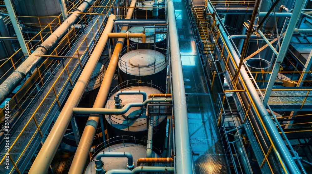 An overhead view of intricate industrial machinery inside a modern factory, showcasing multiple pipes, tanks, and walkways. The scene is brightly lit, indicating daytime operations. An overhead view of intricate industrial machinery inside a modern factory, showcasing multiple pipes, tanks, and walkways. The scene is brightly lit, indicating daytime operations.