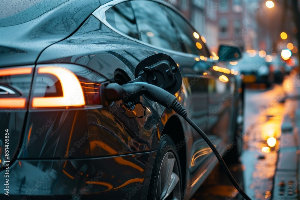 Closeup of an ev being charged on a busy city street as evening falls, highlighting sustainable transport Closeup of an ev being charged on a busy city street as evening falls, highlighting sustainable transport