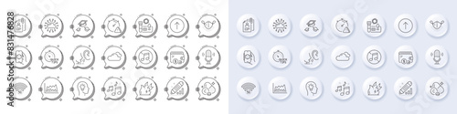 5g wifi, Attention and Microphone line icons. White pin 3d buttons, chat bubbles icons. Pack of Cloud network, Interview documents, Throw hats icon. Vector photo