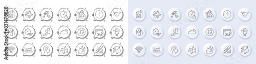 5g wifi, Attention and Microphone line icons. White pin 3d buttons, chat bubbles icons. Pack of Cloud network, Interview documents, Throw hats icon. Vector