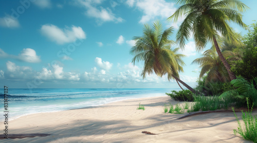 A beautiful beach with palm trees and a clear blue sky © siaminka