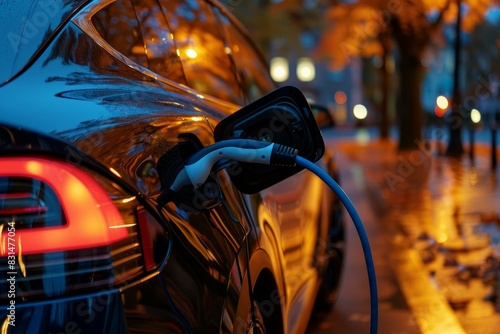 Electric vehicle ev plugged in for charging on a wet, illuminated city street during evening hours © anatolir