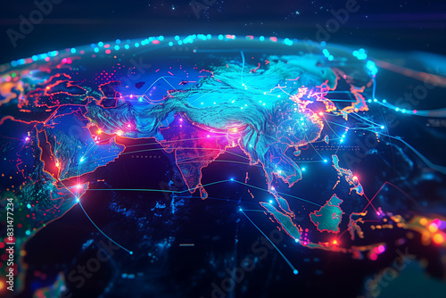 An intricately detailed digital art of the Earth highlighting global connectivity with vivid colors and dynamic lighting effects