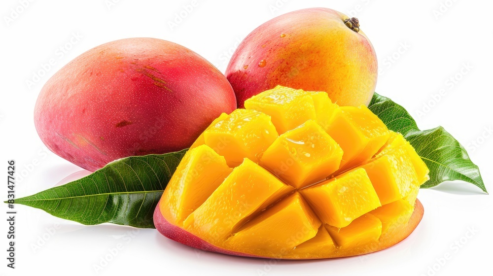 Fresh organic mango isolated with leaves and clipping path Fresh organic mango isolated with leaves and clipping path
