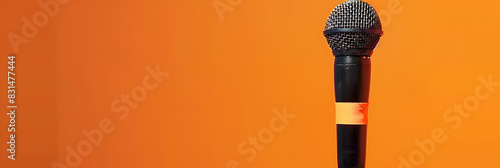 A modern microphone on an orange background with ample copy space for text or images photo