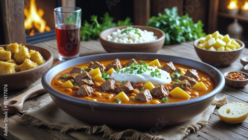 Hearty goulash with tender beef chunks in a thick paprika-infused sauce  topped with a dollop of sour cream  served in a rustic bowl by the fireplace.