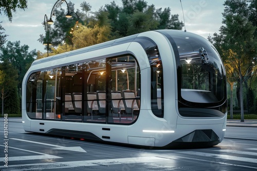 Modern selfdriving tram on city streets with evening lighting, illustrating advanced public transport