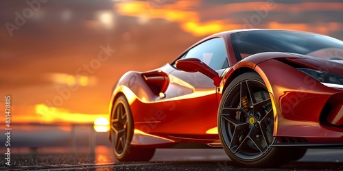 Red sports car parked on road at sunset modern design with curves. Concept Automotive Photography, Sunset Scene, Red Sports Car, Modern Design, Curves