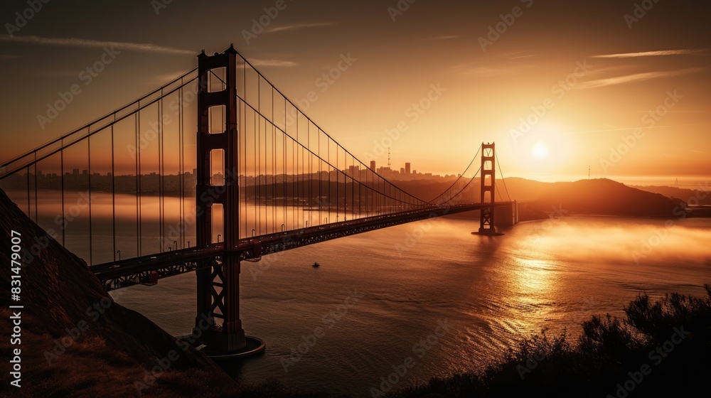 Obraz premium Golden Gate Bridge at Sunset with San Francisco Skyline in Background and Golden Hue Reflections on the Water