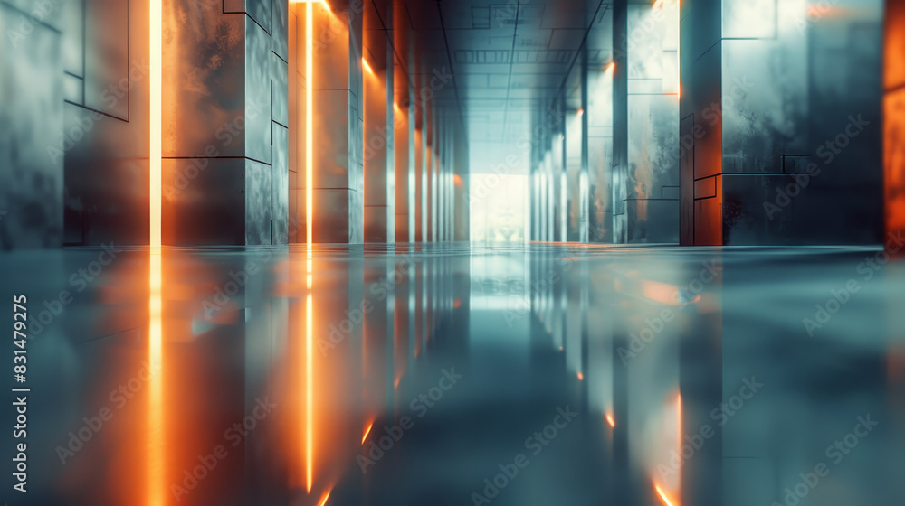 A long hallway with orange lights and a reflection of the lights on the floor A long hallway with orange lights and a reflection of the lights on the floor