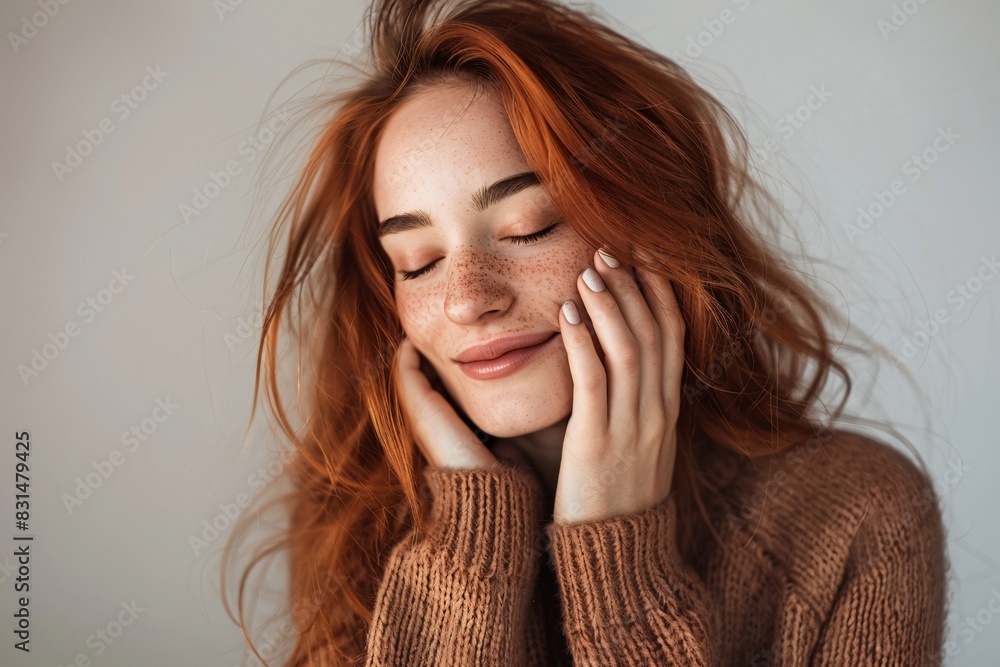 Young Red-Haired Woman Enjoying a Peaceful and Contented Moment Indoors Young Red-Haired Woman Enjoying a Peaceful and Contented Moment Indoors