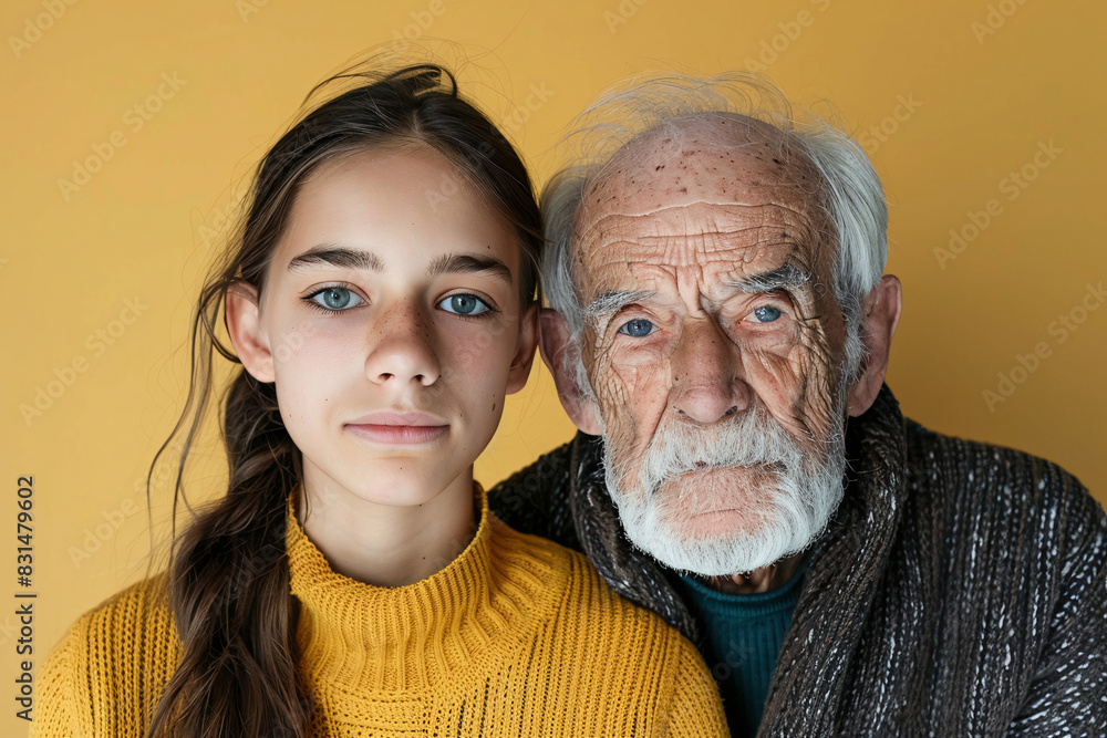 Portrait of Young Girl and Elderly Man with Yellow Background, Showing Generational Bond