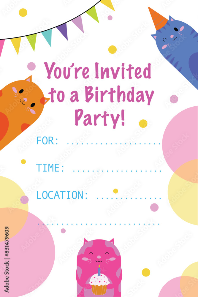 invitation to a birthday party for a child, bright drawing with cats invitation to a birthday party for a child, bright drawing with cats