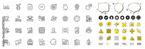 Set of 5g technology, Graph phone and Sun protection line icons for web app. Design elements, Social media icons. Puzzle, Globe, Cogwheel settings icons. Vector