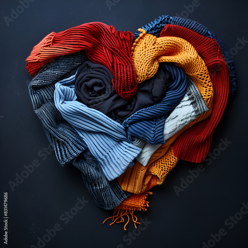 Big pile of old, used clothes folded to form a heart. Concept on dark background. Shopaholic Concept and Environmental Costs of Fast Fashion. Recycling textiles. Excessive consumerism.
