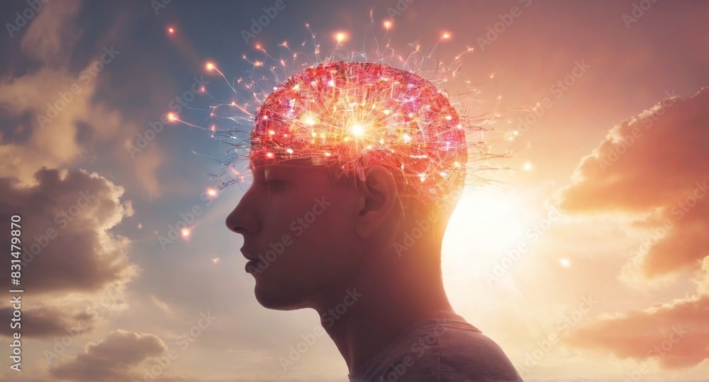 Young man with glowing brain activity Young man with glowing brain activity