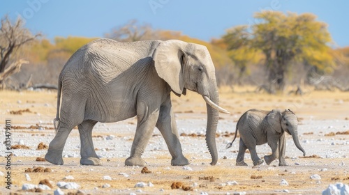 Elephant female and baby wandering across sandy plains in Etosha