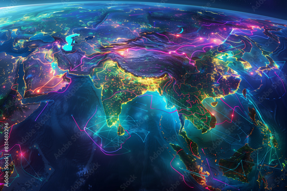 Fototapeta premium Global Connectivity: A Vibrant and Intricate Digital Representation of the Earth Highlighting Data Flows and Communication Networks Across Continents