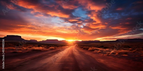 Vanishing into the Sunset: A Captivating Desert Road Photo. Concept Sunset Photography, Desert Landscape, Scenic Road, Silhouette Portrait, Nature Vibes