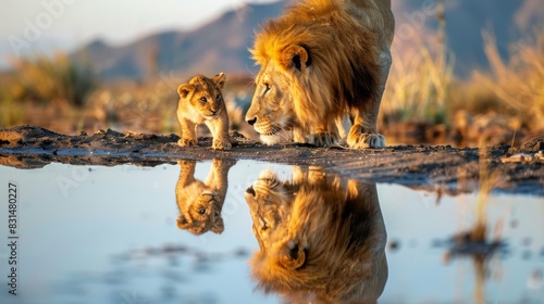 Lion cub looking the reflection of an adult lion in the water on a background of mountains 