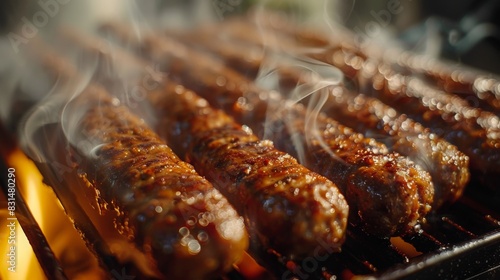 Hot dogs sizzling on a grill, emitting smoke as they cook. photo