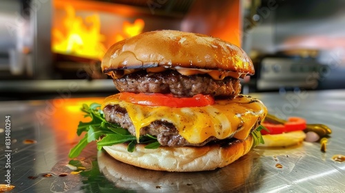 Homemade burger with beef veggies and cheese prepared in an Italian restaurant s commercial kitchen photo