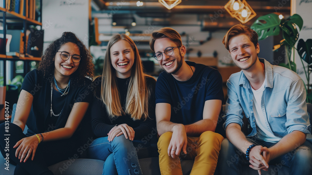 Obraz premium Happy young office colleagues collaborating and smiling in a casual meeting, setting business goals and team building 