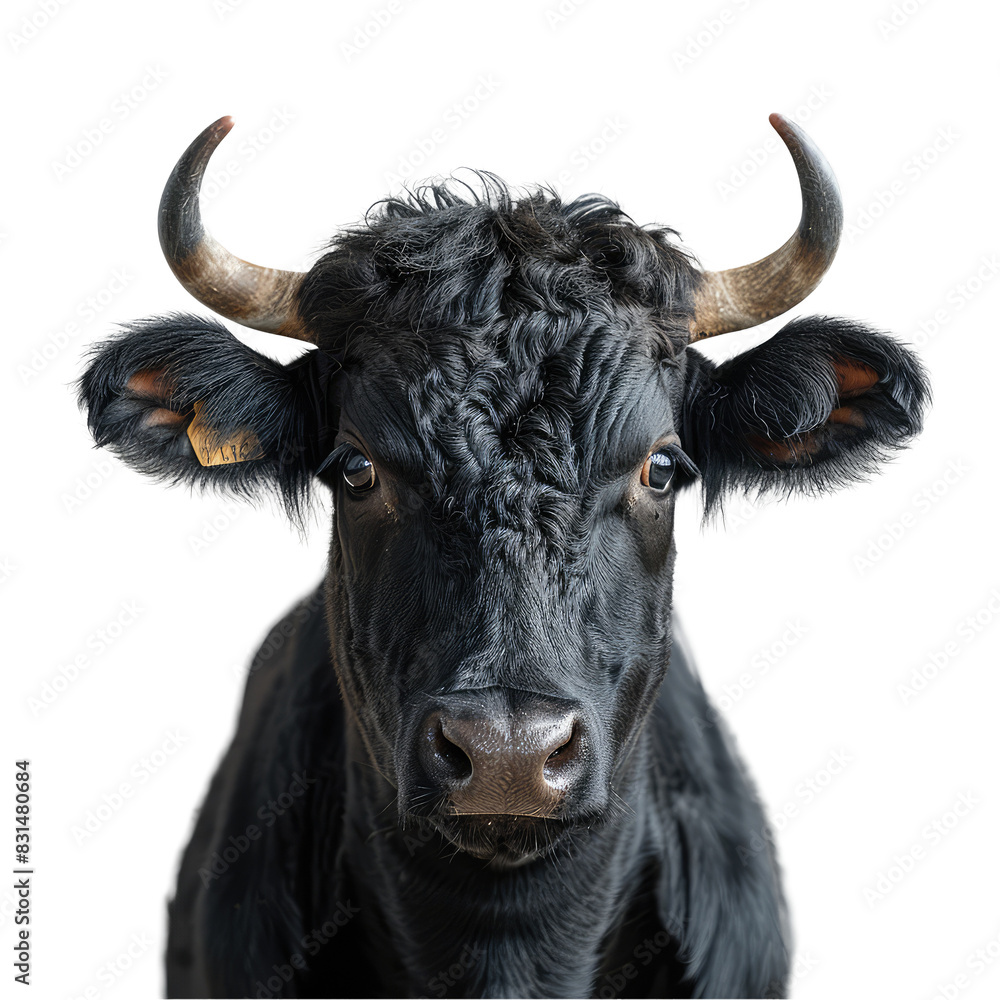 Naklejka premium Portrait of a horned angus isolated on transparent background