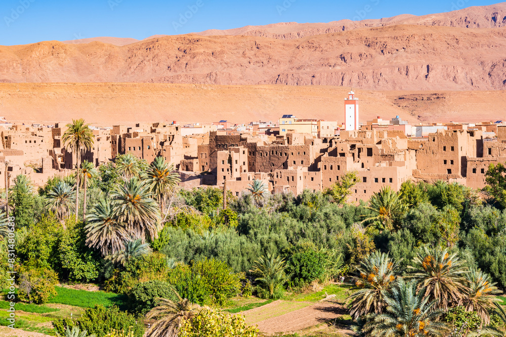 Green oasis with palm trees in Tinghir town with mountains in background, Morocco, North Africa Green oasis with palm trees in Tinghir town with mountains in background, Morocco, North Africa