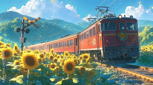 In summer bask in the glow of the local train passing by amidst vibrant sunflowers