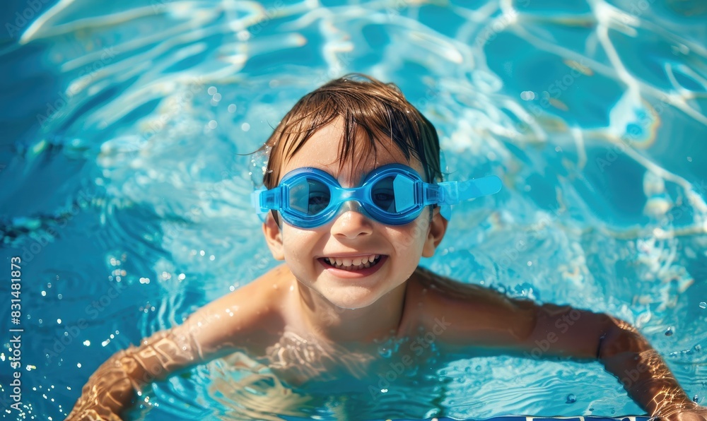 Naklejka premium A young child grinning with joy, wearing swimming goggles, in a sparkling clear blue pool. Summer day