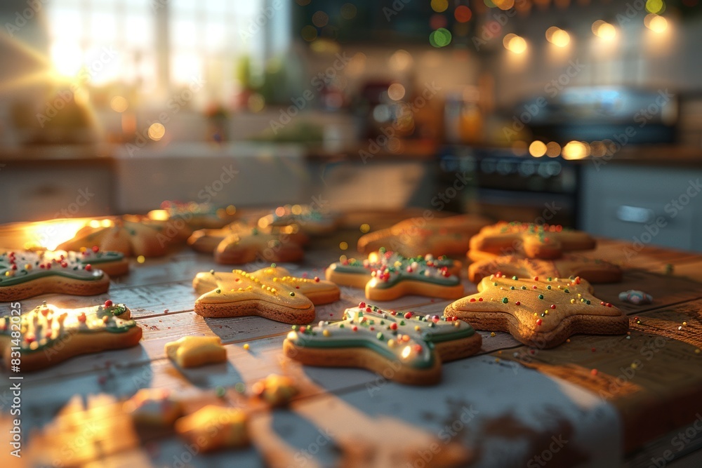 Sweet Christmas cookies with icing, resting on a wooden table, holiday dessert. Sweet Christmas cookies with icing, resting on a wooden table, holiday dessert.