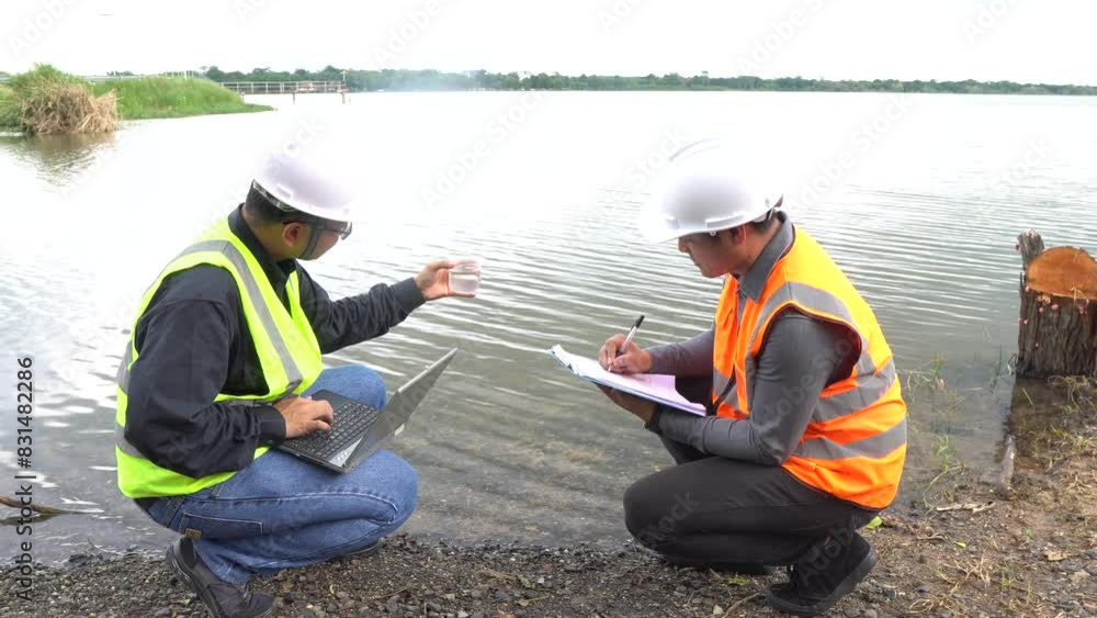 Environmental engineers work at natural water sources, researchers collect water samples for testing in the lab, biologists analyze water results. Environmental engineers work at natural water sources, researchers collect water samples for testing in the lab, biologists analyze water results.