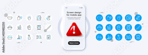 Table knife, Spray and Dont touch line icons. Phone mockup with 3d danger icon. Pack of Dry t-shirt, Clean bubbles, Hand washing icon. Wash hands, Bucket with mop, Cleaning pictogram. Vector