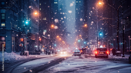 Fototapeta Naklejka Na Ścianę i Meble -  A snowy city street with cars and lights