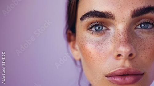 Close-up portrait of a woman with freckles and blue eyes against a lavender background. Beauty and skincare concept.