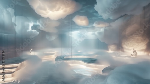 An ethereal cloud museum with ambient lighting features floating sculptures and misty pathways for a dreamlike experience.