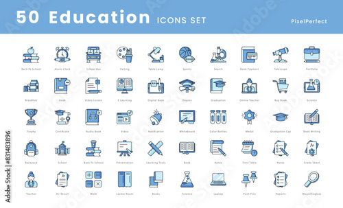 Education vector icons set, school icons such as, Books, Graduation cap, Diploma, Chalkboard, School building, Pencil, Notebook, Apple, Backpack, Teacher, Student, Classroom, Online learning, and more