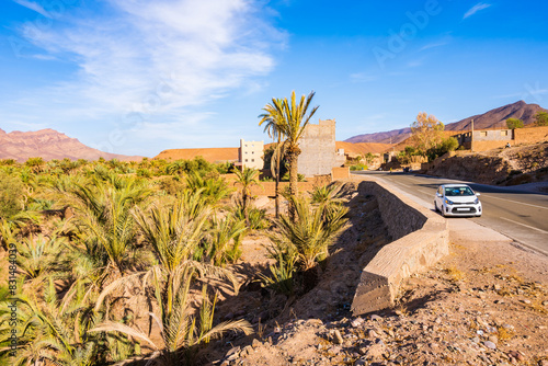 Rental car on scenic road in green palm tree oasis of Agdz town with mountains in background, Morocco, North Africa