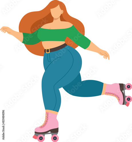 Vector illustration of plus size girl ride rollerblades. Colorful flat concept of body positive woman