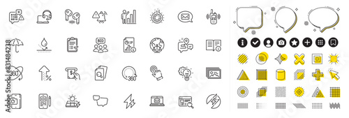 Set of Cursor, Website search and Technical info line icons for web app. Design elements, Social media icons. Full rotation, Journey, Electric energy icons. Vector