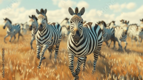 A zebra herd galloping across the plains, stripes blending into a confusing mass. photo