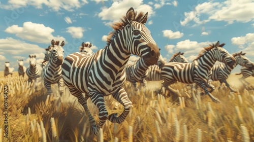 A zebra herd galloping across the plains, stripes blending into a confusing mass.