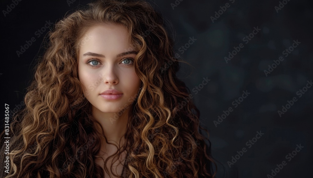 A beautiful woman with long curly hair posing for the camera, showcasing her shiny and healthy hair against a dark salon background.Beauty brunette girl with wavy black hair . A beautiful woman with long curly hair posing for the camera, showcasing her shiny and healthy hair against a dark salon background.Beauty brunette girl with wavy black hair .